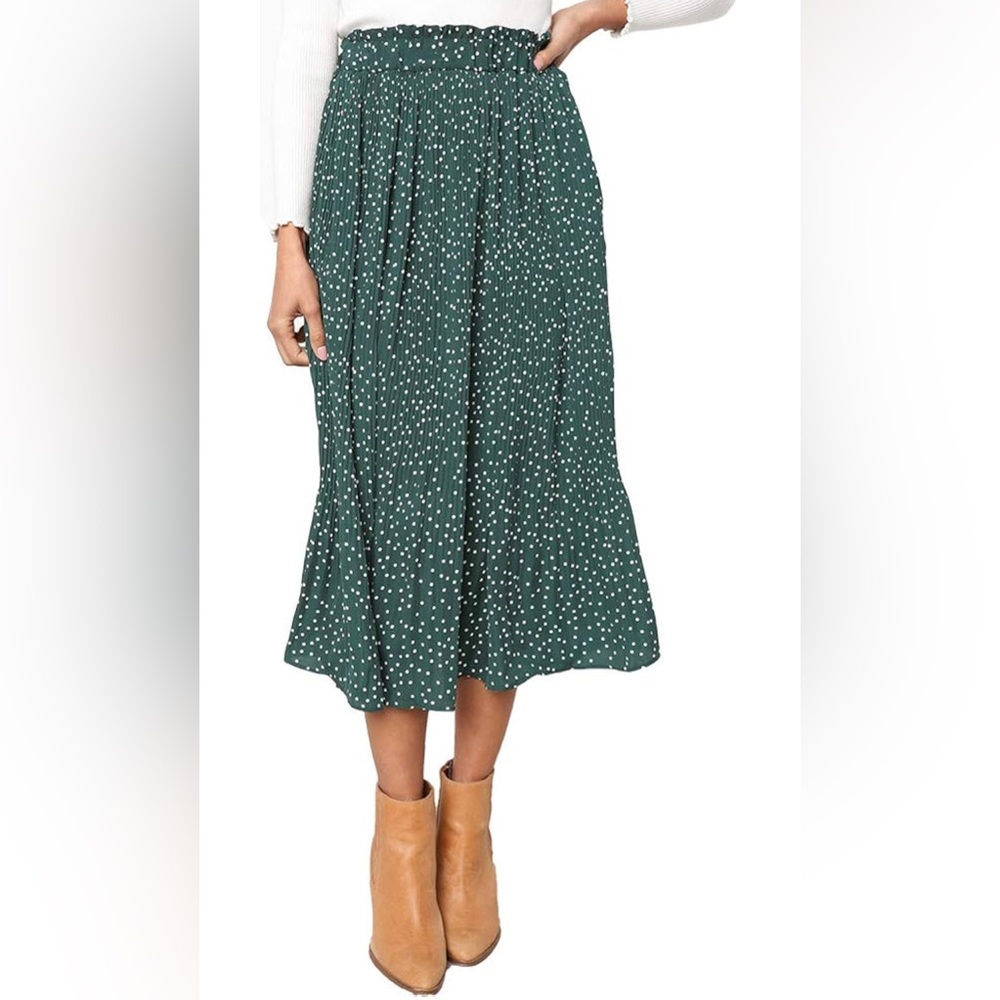 Green and White Polka Dot Pleated Flowy Skirt Size Large